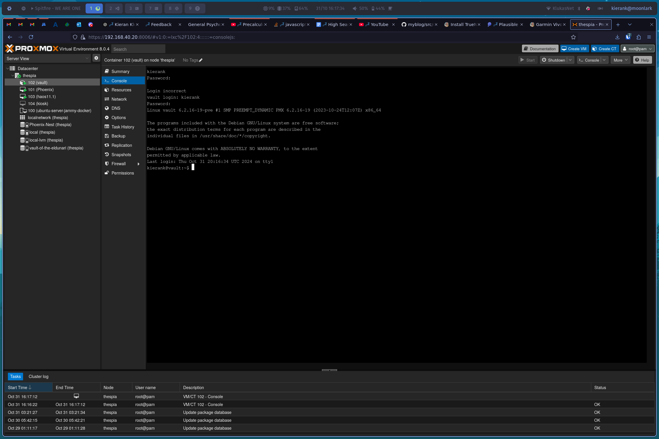 screenshot of the vault vm in proxmox